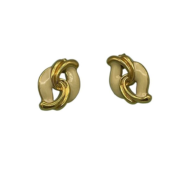 Vintage Gold Tone Cream Beige Enamel Knot Pierced Earrings - Picture 5 of 8